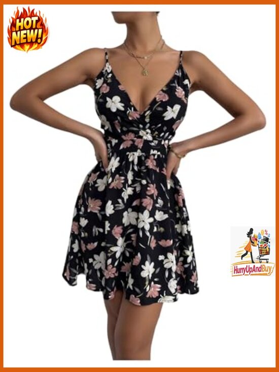 Ditsy Floral Print Flared V-Neck Cami Dress Summer Boho Chic Casual - Picture 4 of 6